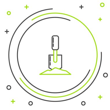 Yer ikonundaki çizgi küreği beyaz arkaplanda izole edildi. Bahçe aletleri. Bahçecilik, tarım, çiftçilik aleti. Renkli taslak konsepti. Vektör.