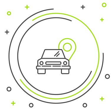 Beyaz zemin üzerinde taksi simgesi olan çizgi haritası işaretçisi. Konum sembolü. Renkli taslak konsepti. Vektör.