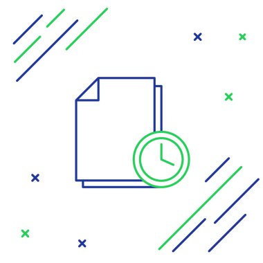 Beyaz arkaplanda izole edilmiş saat simgesine sahip satır belgesi. Belge ve geri sayım, teslim tarihi, program, planlama sembolü. Renkli taslak konsepti. Vektör.