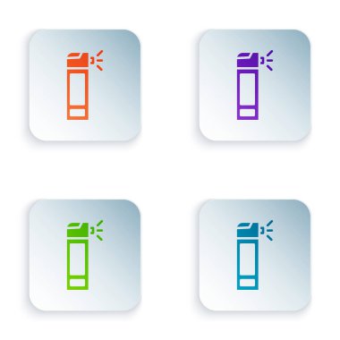 Beyaz arka planda izole edilmiş burun ve boğaz ikonu hastalıklarının tedavisinde kullanılan spreyli renk şişesi. Kare düğmelere renkli simgeleri yerleştir. Vektör İllüstrasyonu.