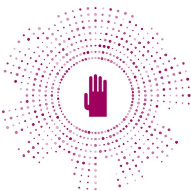 Beyaz arka planda izole edilmiş mor lastik eldiven ikonu. Lateks el koruması işareti. Ev işi temizlik ekipmanları sembolü. Soyut çember rastgele noktalar. Vektör İllüstrasyonu.