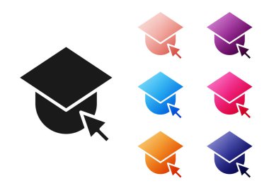 Siyah mezuniyet şapkası beyaz arka planda izole edilmiş dünya ikonu. Dünya eğitim sembolü. Çevrimiçi öğrenme ya da e-öğrenme kavramı. Simgeleri renklendirin. Vektör İllüstrasyonu.