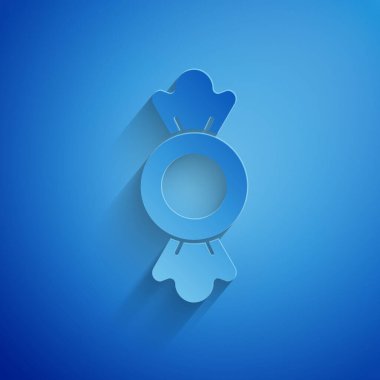 Kağıt kesiği Candy simgesi mavi arkaplanda izole edilmiş. Kağıt sanatı tarzı. Vektör.