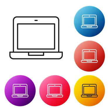 Siyah çizgi dizüstü bilgisayar simgesi beyaz arkaplanda izole edildi. Boş ekran işaretli bilgisayar defteri. Renkli daire düğmelerini ayarlayın. Vektör İllüstrasyonu.