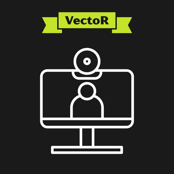 Weiße Linie Videokonferenz Symbol Isoliert Auf Schwarzem Hintergrund Computer Mit — Stockvektor