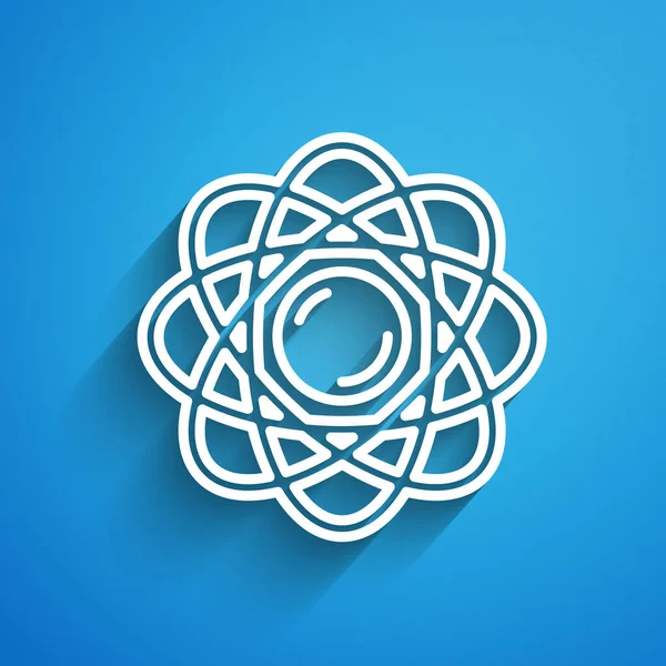 Біла Лінія Піктограма Atom Ізольована Синьому Фоні Символ Науки Освіти — стоковий вектор