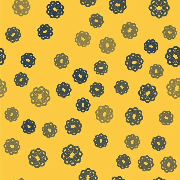 青い線黄色の背景にアトムのアイコンはシームレスなパターンを分離しました 核物理学 科学研究の象徴 ベクトル — ストックベクタ