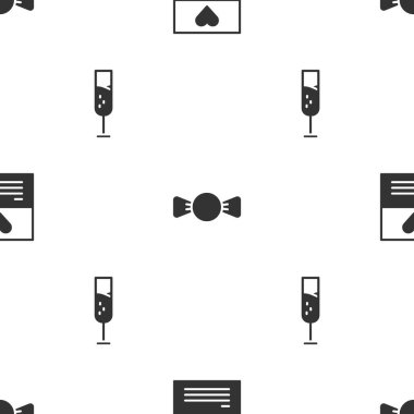 Tebrik kartı, papyon ve şampanya kadehini kusursuz bir şekilde ayarlayın. Vektör.