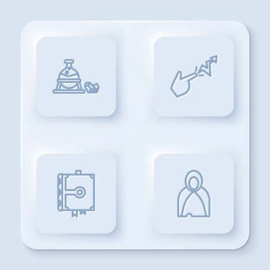 Cadı kazanı ve sihirli taş, büyü kitabı ve manto, pelerin, pelerin. Beyaz kare düğme. Vektör.