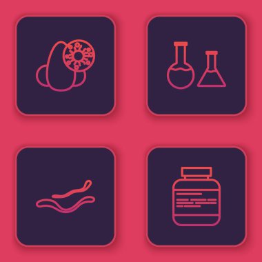 Akan burun ve virüs, Ebola hastalığı test tüpü şişesi ve ilaç şişesi hapları. Mavi kare düğme. Vektör.