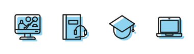 Dünya, Çevrimiçi Eğitim, Ses Defteri ve Dizüstü Bilgisayar ikonunda Mezuniyet Başlığını Ayarla. Vektör.