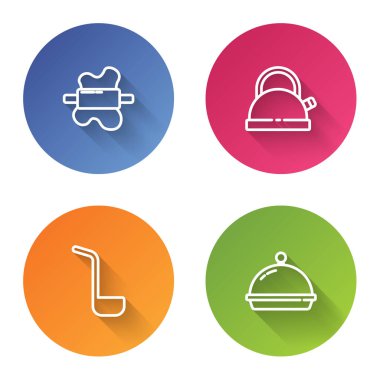 Hamur üzerinde yuvarlak pim, saplı çaydanlık, mutfak kepçesi ve kaplanmış yemek tepsisi. Renkli daire düğmesi. Vektör.