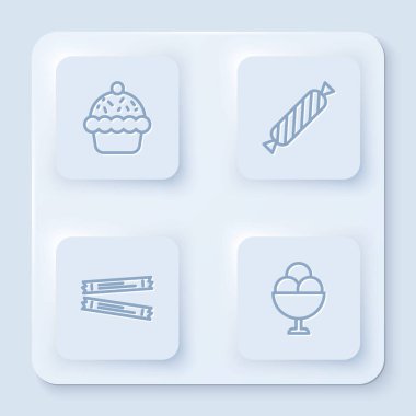Cupcake, Candy, şeker paketleri ve dondurmayı kaseye koy. Beyaz kare düğme. Vektör.