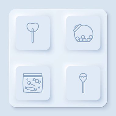 Hattı belirle, içinde şeker olan cam kavanoz şeker paketleri ve şeker paketleri. Beyaz kare düğme. Vektör.