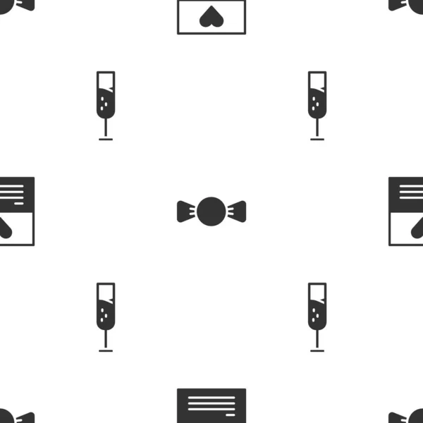 Set Carte Voeux Noeud Papillon Verre Champagne Sur Motif Sans — Image vectorielle