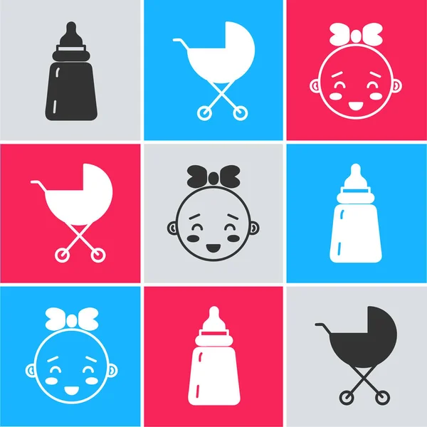 Set Babyflasche Kinderwagen Und Happy Little Girl Head Icon Vektor — Stockvektor