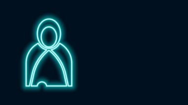 Parlayan neon hattı Mantle, pelerin, pelerin simgesi siyah arkaplanda izole edildi. Büyücünün sihirli pelerini, Cadılar Bayramı tasarımı için büyücü ve cadı. 4K Video hareketli grafik canlandırması