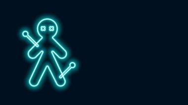 Siyah arkaplanda parlayan neon hattı Voodoo bebek ikonu izole edildi. 4K Video hareketli grafik canlandırması