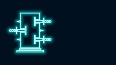 Parlayan neon hattı sihirli kutu, sihirli numaralar simgesi için gövde siyah arkaplanda izole edildi. Bıçaklarla göster, kılıçlarla kutuyu delip geç. 4K Video hareketli grafik canlandırması