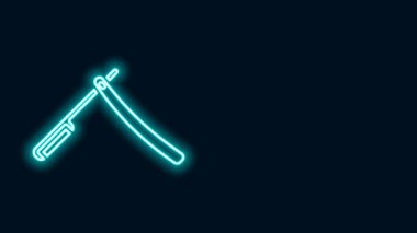 Parlayan neon çizgisi siyah arkaplanda izole edilmiş jilet simgesi. Berber dükkanı sembolü. 4K Video hareketli grafik canlandırması