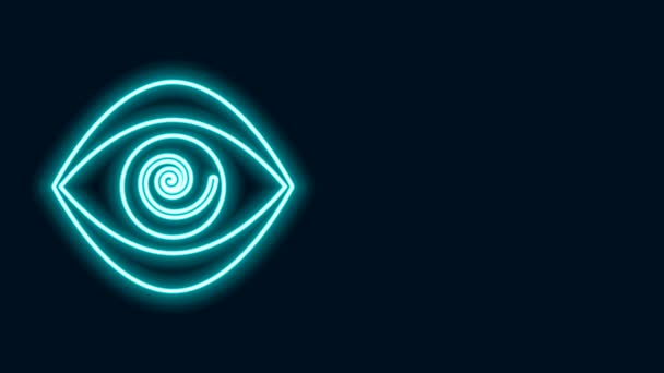 Świecąca neonowa ikona hipnozy odizolowana na czarnym tle. Ludzkie oko ze spiralną, hipnotyczną tęczówką. 4K Animacja graficzna ruchu wideo — Wideo stockowe