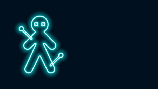 Glödande neon linje Voodoo docka ikon isolerad på svart bakgrund. 4K Video motion grafisk animation — Stockvideo