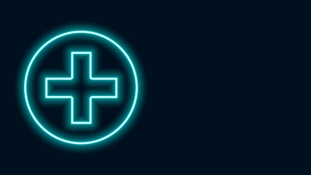Žhnoucí neonová čára Cross nemocnice lékařské ikony izolované na černém pozadí. První pomoc. Diagnostický symbol. Značka medicíny a farmacie. Grafická animace pohybu videa 4K