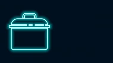 Parlayan neon hattı siyah arka planda izole edilmiş tencere pişirme ikonu. Haşlama ya da güveç besin sembolü. 4K Video hareketli grafik canlandırması