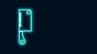 Parlayan neon hattı Et Helikopteri simgesi siyah arkaplanda izole edildi. Et için mutfak bıçağı. Kasap bıçağı. Mutlu Cadılar Bayramı Partisi. 4K Video hareketli grafik canlandırması
