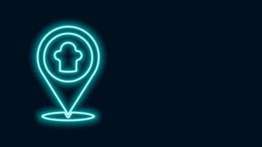 Siyah arkaplanda konum simgesi olan parlak neon hat şefi şapkası. Aşçılık sembolü. Aşçı şapkası. 4K Video hareketli grafik canlandırması