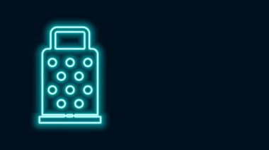Parlayan neon hattı Grater simgesi siyah arkaplanda izole edildi. Mutfak sembolü. Mutfak aletleri. Çatal bıçak seti. 4K Video hareketli grafik canlandırması