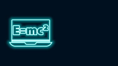 Laptop simgesinde parlayan neon hattı matematik denklem sistemi siyah arkaplanda izole edildi. E eşittir bilgisayar ekranında mc kare denklemi. 4K Video hareketli grafik canlandırması