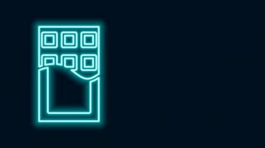 Parlayan neon çizgisi, siyah arkaplanda izole edilmiş çikolata çubuğu simgesi. 4K Video hareketli grafik canlandırması