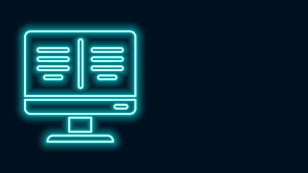 Parlayan neon hattı çevrimiçi kitap siyah arkaplanda izole edilmiş monitör simgesi üzerinde. İnternet eğitimi konsepti, e-öğrenme kaynakları. 4K Video hareketli grafik canlandırması — Stok video