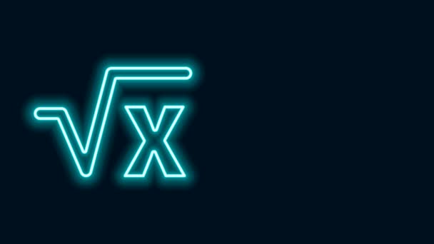 Glowing neon line Square root of x glyph icon isolated on black background. Mathematical expression. 4K Video motion graphic animation