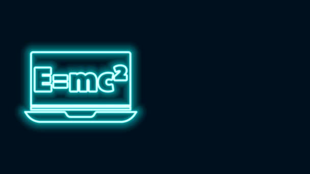 Linea al neon incandescente Sistema matematico di soluzione equativa sull'icona del laptop isolato su sfondo nero. E = equazione mc al quadrato sullo schermo del computer. Animazione grafica 4K Video motion — Video Stock