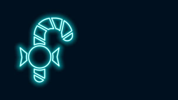 Glödande neon linje julgodis sockerrör med ränder ikon isolerad på svart bakgrund. God Jul och Gott Nytt År. 4K Video motion grafisk animation — Stockvideo