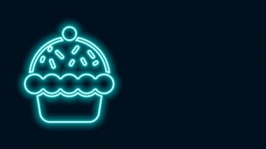 Parlayan neon hattı Cupcake simgesi siyah arkaplanda izole edildi. 4K Video hareketli grafik canlandırması
