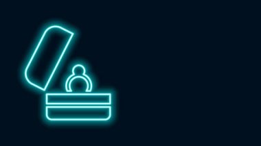 Parlayan neon çizgisi alyans simgesi siyah arkaplanda izole edildi. Gelin ve damat mücevher tabelası. Evlilik sembolü. Elmas yüzük. 4K Video hareketli grafik canlandırması