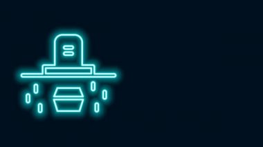 Siyah zemin üzerinde mezar taşı ve tabut ikonu olan parlak neon çizgisi. 4K Video hareketli grafik canlandırması