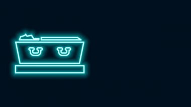 Parlayan neon hattı açık tabut ve siyah arka planda izole edilmiş ölü beden simgesi. Ölümden sonra cenaze. Cenaze için açık bir cenaze arabasında ceset. 4K Video hareketli grafik canlandırması