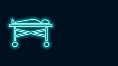Parlayan neon hattı. Morg ikonunda ölü beden. Siyah arka planda izole edilmiş. 4K Video hareketli grafik canlandırması