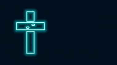 Parlayan neon hattı Hıristiyan çapraz simgesi siyah arka planda izole edildi. Kilise haçı. 4K Video hareketli grafik canlandırması