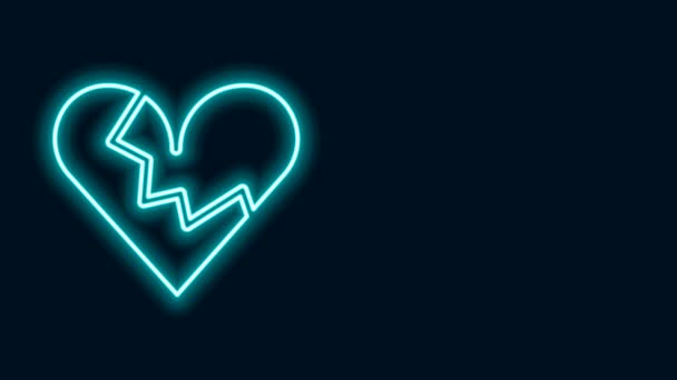 Gloeiende neon lijn Gebroken hart of scheiding pictogram geïsoleerd op zwarte achtergrond. Liefdessymbool. Valentijnsdag. 4K Video motion grafische animatie — Stockvideo