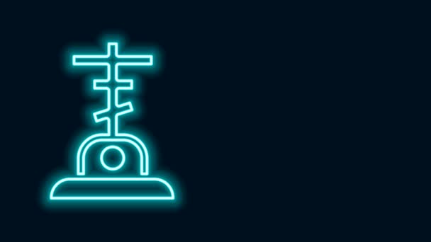 Linea al neon luminosa Tomba con icona a croce isolata su sfondo nero. Animazione grafica 4K Video motion — Video Stock