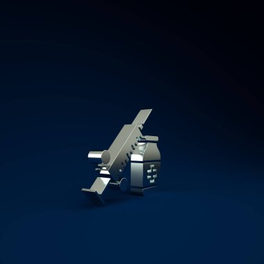 Mavi zemin üzerinde iğne ve şişe veya ampul ikonu olan gümüş tıbbi şırınga. Aşı, iğne, aşı, insülin konsepti. Minimalizm kavramı. 3d illüstrasyon 3B canlandırma.