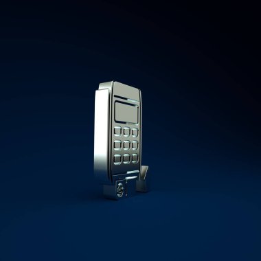 Üzerinde mavi arka planda izole edilmiş bir kredi kartı simgesi olan Silver Pos terminali. Ödeme terminali işlemi. Kartla öde. Minimalizm kavramı. 3d illüstrasyon 3B canlandırma.