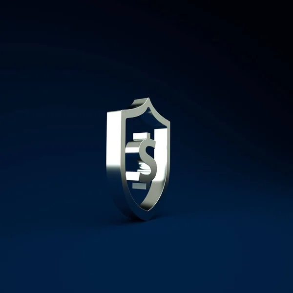 Silver Shield with dollar symbol icon isolated on blue background. Security shield protection. Money security concept. Minimalism concept. 3d illustration 3D render.