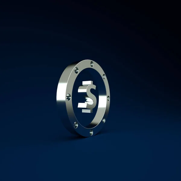 Silver Coin money with dollar symbol icon isolated on blue background. Banking currency sign. Cash symbol. Minimalism concept. 3d illustration 3D render.