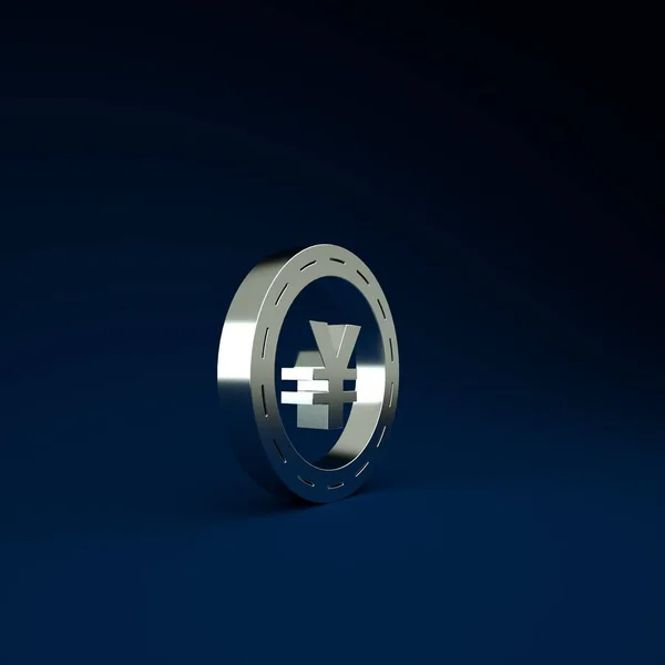 Silver Coin money with Yen symbol icon isolated on blue background. Banking currency sign. Cash symbol. Minimalism concept. 3d illustration 3D render.